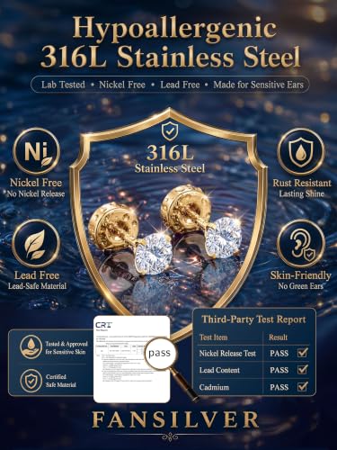 Fansilver 20G Hypoallergenic Flat Back Earrings for Women Men Silver 14K Gold Stainless Steel Stud Earrings Birthstone Cubic Zirconia Studs Surgical Steel Cartilage Earrings for Sensitive Ears - color: Gold