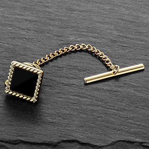 HAWSON Black Stone Tie Tack for Men Tie Pin with Chain for Wedding Birthday Anniversary Party - color: gold tone