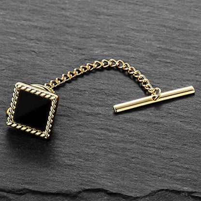 HAWSON Black Stone Tie Tack for Men Tie Pin with Chain for Wedding Birthday Anniversary Party - color: gold tone