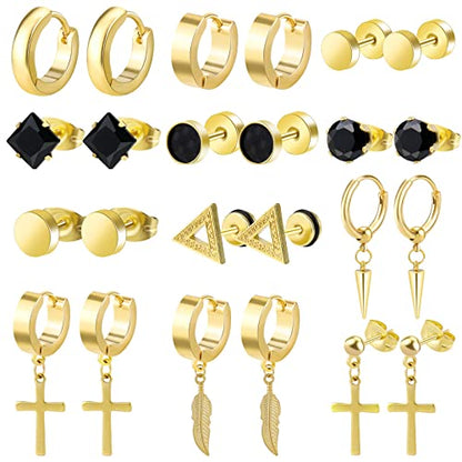 12 Pairs Black Stud Earrings Set for Men and Women - Stainless Steel Cross Jewelry Piercings - color: Gold