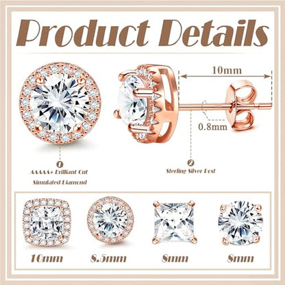 MILACOLATO S925 Sterling Silver Stud Earrings for Women Men Hypoallergenic 18K Gold Plated Cubic Zirconia Earrings Studs Brilliant Simulated Diamond Halo Earring for Sensitive Ears - style: 18K Rose Gold Plated Earrings - Standard Size CZ