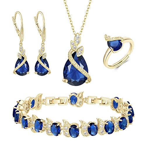 Jewelry Set for Bride, Sparkling Water Drop Cubic Zirconia Crystal Pendant Necklace Leverback Earrings Tennis Bracelet Adjustable Ring Gift for Wedding/Birthday/Mother's Day/Christmas - color: 15-Sapphire Color Gold-Plated-Brass