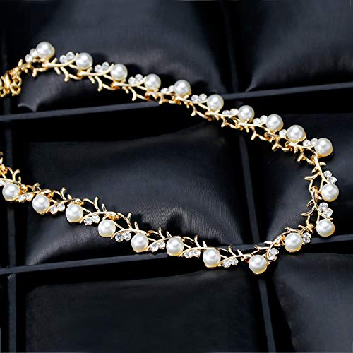 tenghong2021 Fashion Classic Faux Pearl Jewelry Set Necklace Bracelet Earrings for Women Best Gift - color: Gold Leaf