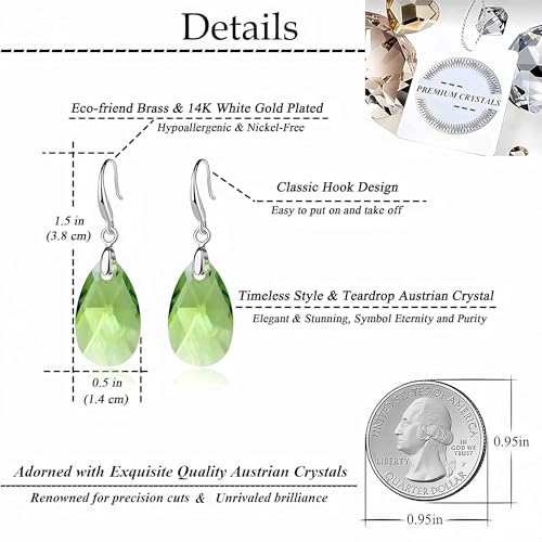 Austrian Crystal Teardrop Dangle Hook Earrings for Women 14K Gold Plated Hypoallergenic Jewelry - color: Green