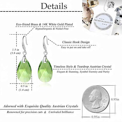 Austrian Crystal Teardrop Dangle Hook Earrings for Women 14K Gold Plated Hypoallergenic Jewelry - color: Green