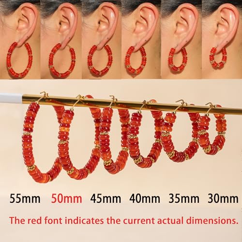 Wellike Beaded Hoop Earrings for Women Natural Stone Pink Gold Huggie Earrings Hypoallergenic Dainty Waterproof Trendy Jewelry - color: Red, size: 50mm