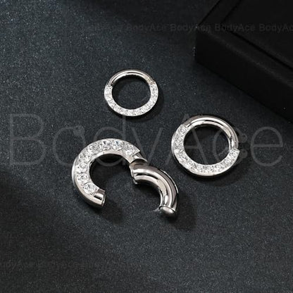 CZ Hinged Segment Clicker PA Rings, 2G 4G 6G 8G 10G 12G Large Septum Nose Rings, Surgical Steel Spring Action BCR Ring Ear Gauges Earrings Hoops - color: 8G(3mm),Hoops:16mm