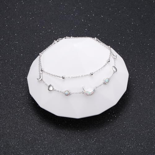 Flyow Anklet for Women S925 Sterling Silver Adjustable Foot Beaded Heart Charm Ankle Bracelet Anklets Jewelry - style: moon phase