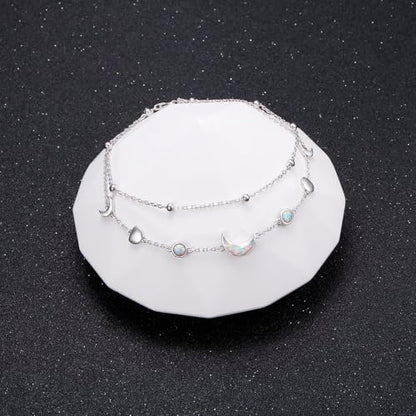 Flyow Anklet for Women S925 Sterling Silver Adjustable Foot Beaded Heart Charm Ankle Bracelet Anklets Jewelry - style: moon phase