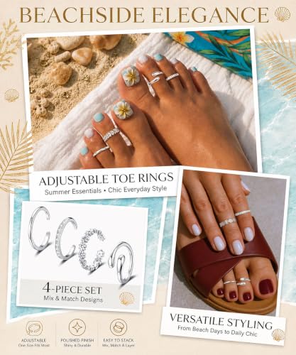 4Pcs Toe Rings for Women Non Tarnish 14K Gold Filled Toe Ring Adjustable Flower CZ Band Wave Dainty Toe Ring Summer Beach Open Toe Rings Set Waterproof Toe Jewelry Foot Jewelry - color: Silver toe rings flower