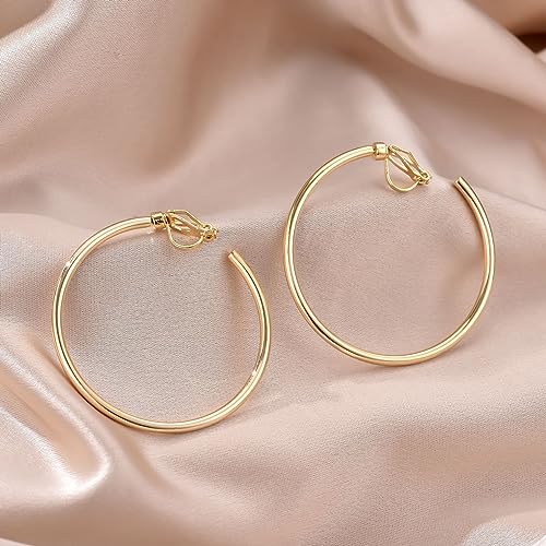 YOQUCOL 5CM(2.0IN) Golden Swingable Clip On Hoop Earrings for Women Non Pierced Ears Hoop Earrings - color: A
