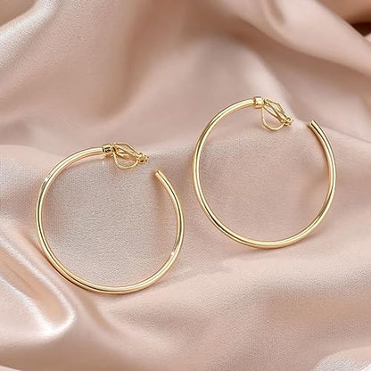 YOQUCOL 5CM(2.0IN) Golden Swingable Clip On Hoop Earrings for Women Non Pierced Ears Hoop Earrings - color: A