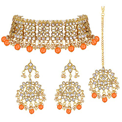 Aheli Elegant Indian Faux Kundan Studded Choker Necklace with Maang Tikka Set Ethnic Wedding Wear Bharatanatyam jewellery set Gift for Women - color: Orange