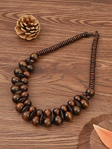 COLORFUL BLING Ethnic Large Chunky Wooden Beaded Necklaces Boho African Statement Necklace Handmade Tribal Collar Choker Bib Jewelry - color: joint brown