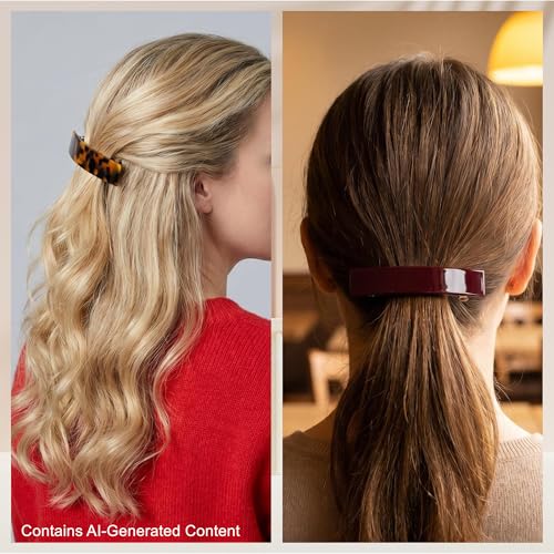 2 Pack French Design Hair Barrettes Tortoise Shell Acetate Celluloid Rectangle Hair Clips for Women - color: Dark Tortoise+Wine