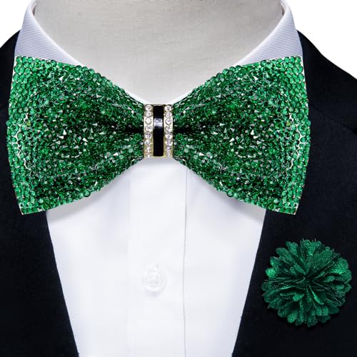 DiBanGu Mens Rhinestone Bow Tie with Ring and Lapel Pin Set | Adjustable Strap,Pre-tied Style,3PCS,Sequin Diamond Bowties，Solid/Mix Color,Shiny Accessory,for Party Prom Banquet Wedding - color: Emerald Green