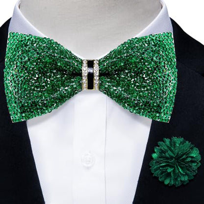 DiBanGu Mens Rhinestone Bow Tie with Ring and Lapel Pin Set | Adjustable Strap,Pre-tied Style,3PCS,Sequin Diamond Bowties，Solid/Mix Color,Shiny Accessory,for Party Prom Banquet Wedding - color: Emerald Green