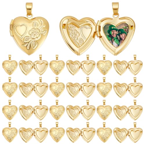 UNICRAFTALE Golden Locket Pendants Small Heart Photo Frame Charms Metal Memory Locket Charms Heart Picture Frame Bouquet Charm for DIY Jewelry Making - style: Heart and Flower