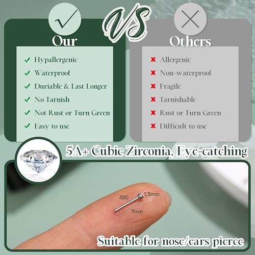 Jstyle 60Pcs Hypoallergenic Nose Rings Studs for Women Men 22G Piercing Pin | 316L Stainless Steel Straight Nose Studs, Small Sparkly CZ Piercing Jewelry for Sensitive Skin, 7MM Post, 1.5/2.0/2.5MM CZ - size: 1.5 mm