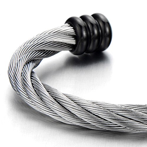 COOLSTEELANDBEYOND Large Elastic Adjustable Steel Twisted Wire Cuff Bangle Bracelet for Men Women - color: E-Metal Color: Silver & Black