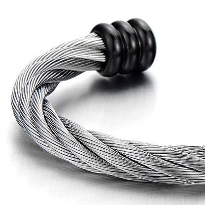 COOLSTEELANDBEYOND Large Elastic Adjustable Steel Twisted Wire Cuff Bangle Bracelet for Men Women - color: E-Metal Color: Silver & Black