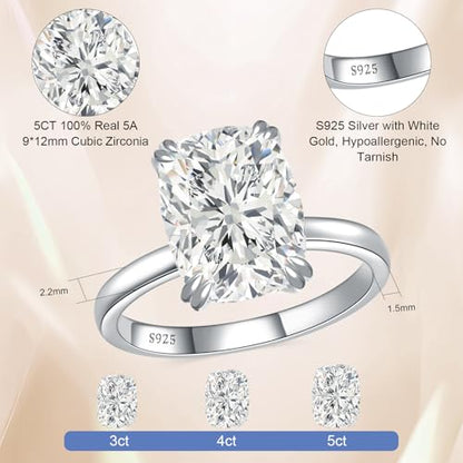 Elongated Cushion Cut Engagement Ring Travel Band Size5-10 | 5ct big look cz fake engagement ring 925 sterling silver 14k/white gold plated wedding promise anniversary statement gift