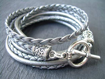 Womens Bracelet, Womens Leather Bracelet, Leather Bracelet, Wrap Bracelet, Leather Bracelet, Women's Metallic Gray Triple Wrap Leather Bracelet