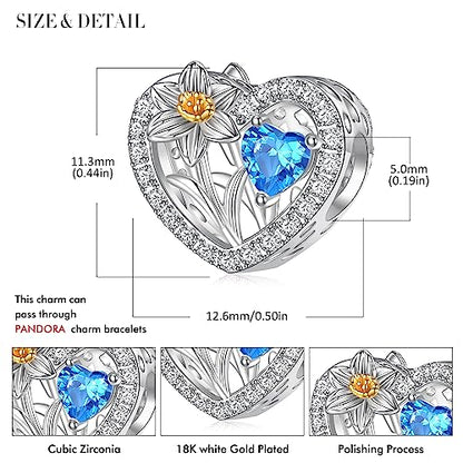 Birth Flower Birthstone Charm for Pandora Charms Bracelets Necklace 925 Sterling Silver Heart Love Charm Birthday Mother's Day Christmas Jewelry Gifts - color: 03-March