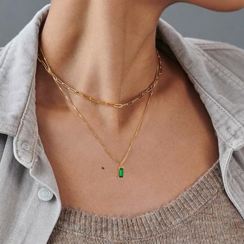 Dainty Gold Charm Necklaces for Women Non Tarnish, 14K Trendy Blue Green Cubic Zirconia Emerald Pendant Birthstone Necklaces Birthday Gifts for Women Waterproof Jewelry - color: 05-May(Emerald)