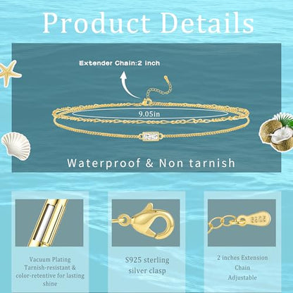 Sterling Silver Ankle Bracelets for Women 14K Gold Waterproof Layered Braided Chain Knot Charm Stackable Adjustable Non Tarnish Anklets Bracelet for Summer Beach Jewelry Gift - color: goldB