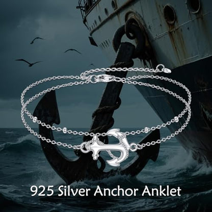 925 Sterling Silver Cat Butterfly Anklets Double Layered Chain for Birthday Women Ankle Bracelet Summer Beach Dainty Jewelry - style: Anchor Anklet