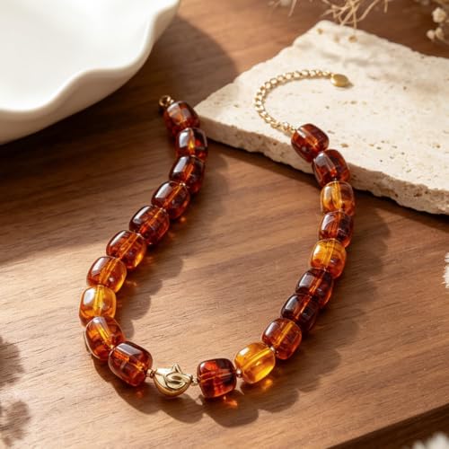 Chunky Beaded Necklace for Women,Square Resin beads boho Choker Necklace with gold-tone spacers,Fashion Trendy Summer Beach Party Necklaces Handmade Surfer Beach Necklaces Jewelry Gifts - color: Amber