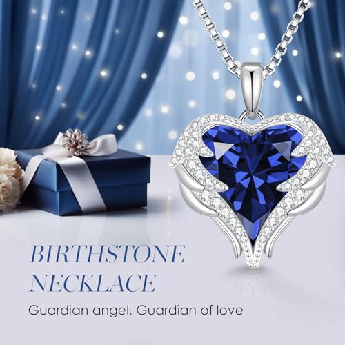 CDE Angel Wings Heart Birthstone Pendant Necklace Gift for Women | Silver/Gold Tone,Ideal Birthday & Anniversary Jewelry Gift for Wife,Girlfriend,Her - color: White-09-Sept-Spahhire Blue Birthstone