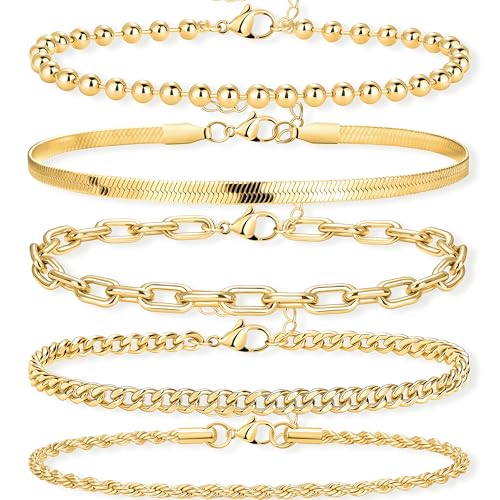 POXTEX 14K Gold Plated Bracelets for Women Waterproof, Non Tarnish Trendy Dainty Minimalist Stackable Jewelry Sets, Herringbone Cuban Paperclip Rope Bead Link Chain Stack Pack, Modern Fashion Accessories Gifts - color: Gold
