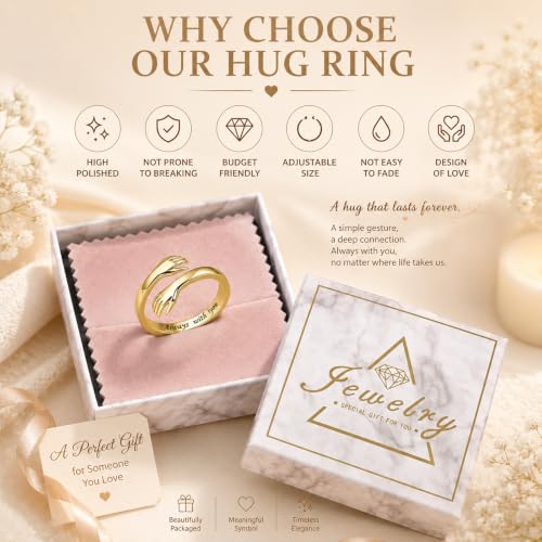 Sterling Silver Hug Ring for Women Teen Girls Adjustable Love Promise Ring Inspirational Open Rings Mothers Day Birthday Gift for Daughter Granddaughter Mom Wife Best Friend - color: 18K Gold / Gift Box (Always with you)