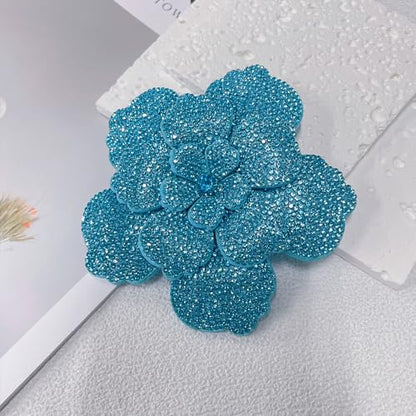 Rhinestone Flower Brooch Pin for Women Men Elegant Sparkly Crystal Camellia Floral Lapel Pins Shawl Dress Suit Clothes Accessories Wedding Party Fashion Jewelry 105mm - color: Lake Blue