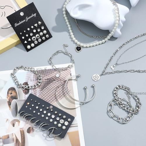 NEWITIN 69 Pieces Gold Jewelry Set for Women Fashion Costume Jewelry Gold Plated Necklace Bracelet Earrings Set for Women - color: Silver Jewelry Set
