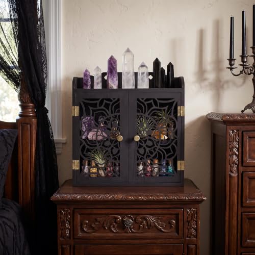 Trinket Shelf, Crystral Shelf Display, Gothic Room Decor, Rock Display Case | Witchy Shelf with Doors, Crystal Display Shelf, Storage Cabinet with Carved Door, Essential Oil Organizer & Stone Holder