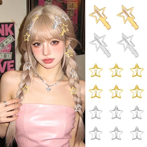 VIBILIA 18 Pcs Star Hair Clips Y2K Style Non-Slip Snap Hair Barrettes Assorted Sizes Hair Accessories Silver Gold Metal Hair Clips for Daily Party - color: Silver, Gold