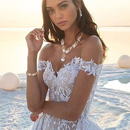 Wedding Bridal Jewelry Set for Women Prom Party Accessories | Shiny Multi Teardrop Cluster Crystal Statement Necklace Dangle Earrings Link Bracelet Set for Bride Bridesmaid - color: Clear Gold-Plated-Base