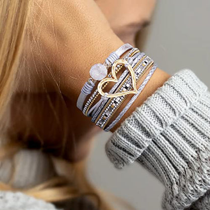 Bracelets for Women, Gifts for Mom Her Christmas Gift 2026 Leather Bracelets for Women Birthday Gift for Daughter Inspirational Wrap Bracelet Sister Friend Teen Girl Gift Layered Stocking Stuffers Jewelry - style: Silver - Heart