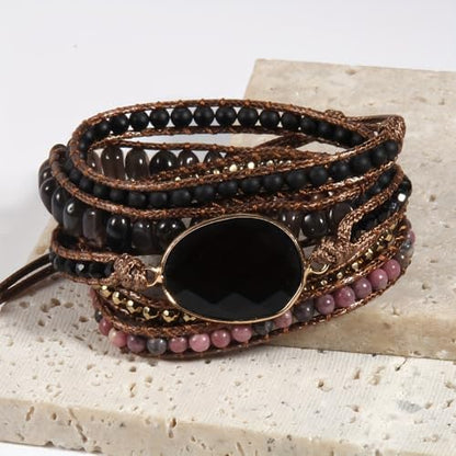 Women Wrap Bracelets Boho Natural Stone Jasper Turquoises Strand Bracelet Jewelry Collection - color: Black 2