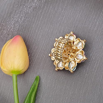Flower Shape Crystal Cocktail Stretch Ring Party Prom Floral Statement Elastic Ring for Women - color: 2RI255-multicolor-gold tone