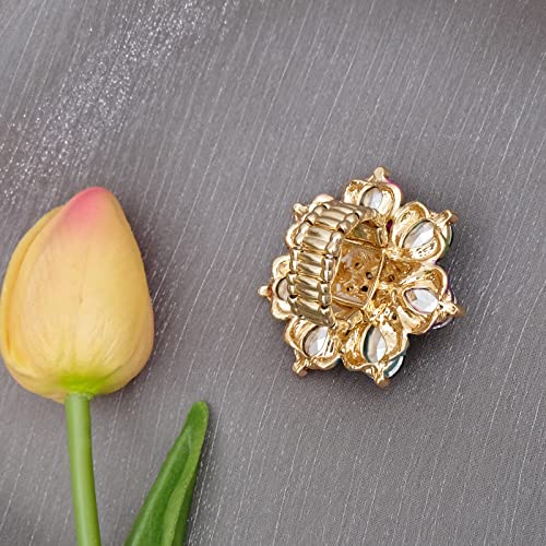 Flower Shape Crystal Cocktail Stretch Ring Party Prom Floral Statement Elastic Ring for Women - color: royal blue-gold tone