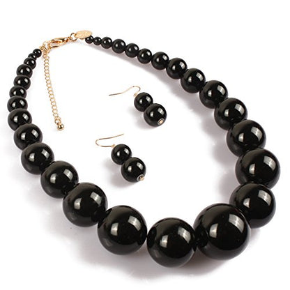 Large Style Big Imitate Pearl Strand Choker Necklace With Earrings Set - color: Black