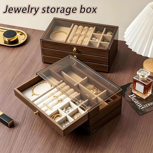 3-Layer Wood Grain Jewelry Box with mezzanine, Stackable Jewelry Organizer with Velvet Lining, Dustproof Jewelry Storage Case for Rings, Necklaces, Earrings, Bracelets (12)