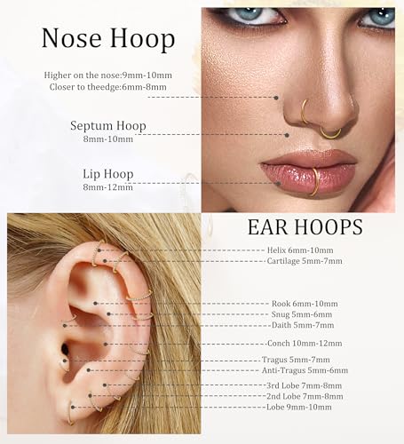 3pcs Nose Rings Hoops - 316L Surgical Steel Hinged Nose Hoops 16G/18G/20G CZ Clicker Septum Nose Ring Lip Helix Cartilage Hoop Earring Daith Rook Conch Body Piercing Jewelry for Women Men 8mm 10mm - color: Gold, size: 18 gauge(1.0mm)-10mm
