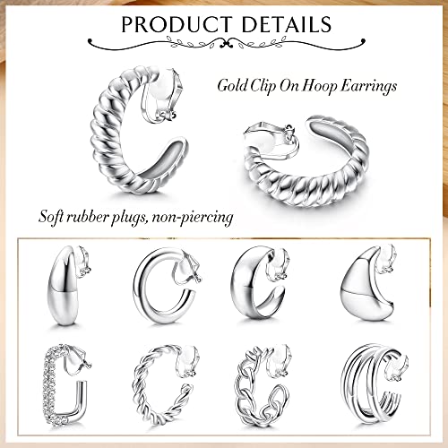 Gold Clip on Earrings for Women 14K Gold Plated Chunky Clip on Hoop Earrings 9 Pairs No Piercing Fake Earrings Set - color: Silver Tone