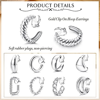 Gold Clip on Earrings for Women 14K Gold Plated Chunky Clip on Hoop Earrings 9 Pairs No Piercing Fake Earrings Set - color: Silver Tone