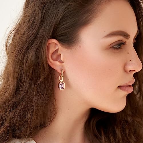 Birthstone Crystal Dangle Drop Earrings, 18K Gold Plated Huggie HoopEarring | Hypoallergenic Earring Jewelry Gifts for Women, Birthdays, anniversaries, weddings - color: Pink-1